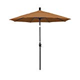 California Umbrella 7.5′ Round Aluminum Market Umbrella, Crank Lift, Push Button Tilt, Black Pole, Sunbrella Teak For Sale