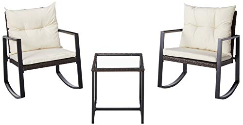 Leisure Zone Outdoor Patio 3 Pcs Wicker Rocking Bistro Set Porch Deck Rockers with Coffee Table (Beige Cushion) For Sale