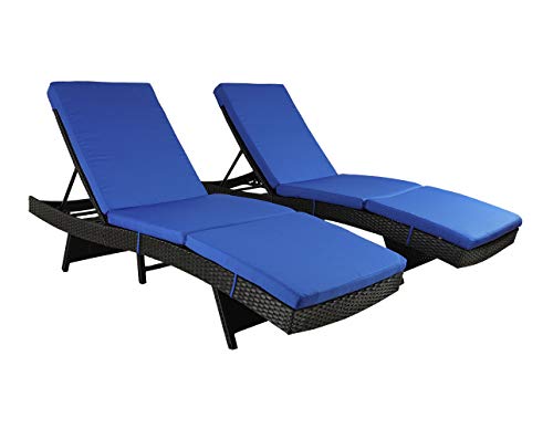 Patio Chaise Lounge Garden Furniture Patio Furniture Chairs PE Black Rattan Wicker Chair Adjustable Cushioned Outdoor Home Lounger Pool Side Chairs (Royal Blue Cushions,Set of 2)