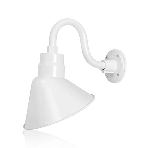 10in. White Outdoor Angle Shade Barn Light Fixture with 10in. Long Extension Arm – Wall Sconce Farmhouse, Vintage, Antique Style – UL Listed – 9W 900lm A19 LED Bulb (5000K Cool White)