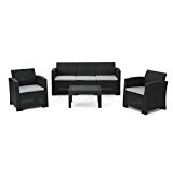 Cheap Great Deal Furniture Jacob Outdoor 4 Piece Charcoal Faux Wicker Rattan Style Chat Set with Light Grey Water Resistant Cushions