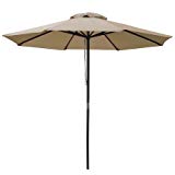 Cheap 96” Brown Solid Wood Pole Tan 9’ Feet Octagon Round Polyester Umbrella w/ Pulley for Outdoor Patio Furniture Lawn Garden Yard Beach Stall Café UV Block Sun Shade