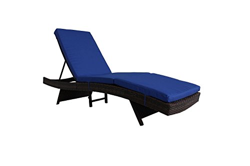 Jetime Outdoor Brown Rattan Lounge Chair Woven Wicker Portable Chaise Couch Furniture Ajustable Sunbed Garden Couch Cushion with Royal Blue Cushion