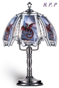 NEW Glass Red Dragon Scene Touch Lamp 23.5” H with Dark Chrome Finish Base