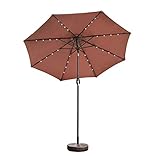 YOURLUITE Outdoor Patio Umbrella Solar Powered 32 LED Lighted Table Market Umbrella with Crank and Push Button Tilt for Garden, Deck, Backyard, Pool, 8 Steel Ribs, 9 Feet, Tan For Sale