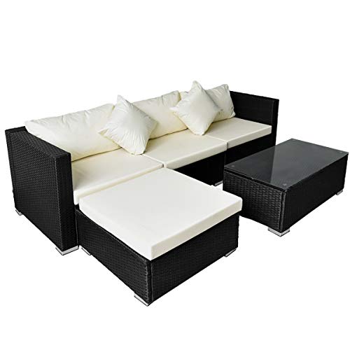 Pamapic Outdoor 5 Pieces Patio Furniture Sets【Chaise Longue】 Wicker Rattan Conversation Set with Tempered Glass Coffee Table