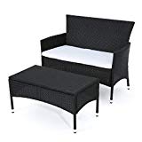 Great Deal Furniture Malta Outdoor Black Wicker Loveseat and Coffee Table Set with White Water Resistant Cushions For Sale