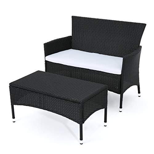 Great Deal Furniture Malta Outdoor Black Wicker Loveseat and Coffee Table Set with White Water Resistant Cushions