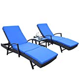 LEAPTIME Patio Lounge Chair 3pcs Outdoor Rattan Chaise Adjustable 5 Position Armrest Black PE Wicker Sunbed Furniture with Royal Blue Cushion-Set of 2 and Rattan Side Tea Table LEAPTIME Patio Lounge Chair 3pcs Outdoor Rattan Chaise Adjustable 5 Position Armrest Black PE Wicker Sunbed Furniture with Royal Blue Cushion-Set of 2 and Rattan Side Tea Table