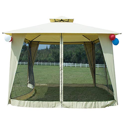 GOJOOASIS Metal Gazebo Outdoor 2-Tier Canopy Party Tent Mesh Sidewalls 12×12 Beige For Sale