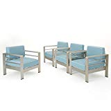 Crested Bay Outdoor Silver Aluminum Framed Club Chairs with Light Teal and White Corded Water Resistant Cushions (Set of 4) For Sale