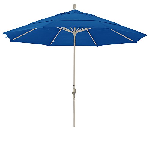 California Umbrella 11' Round Aluminum Market Umbrella, Crank Lift, Collar Tilt, Sand Pole, Sunbrella Pacific Blue