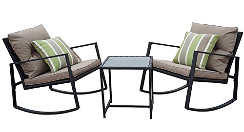 Cheap Kozyard Moana Outdoor 3-Piece Rocking Wicker Bistro Set, Two Chairs and One Glass Coffee Table, Black Wicker Furniture(Taupe Cushion+Lime Stripe Pillow)
