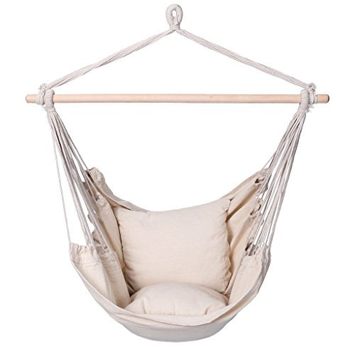Finether Padded Hammock Hanging Chair Swing with Pillow Set for Indoor Outdoor Use, 265 lbs Weight Capacity, Beige