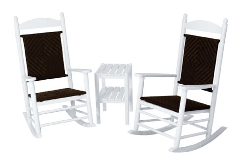 POLYWOOD PWS141-1-FWHCA Jefferson 3-Piece Woven Rocker Chair Set, White Frame/Cahaba