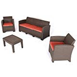 Cheap D+ Garden 3-Seater Brown Sectional Sofa and Loveseat Patio Conversation Set, All Weather 4-Piece Wicker Plastic Outdoor Furniture for Balcony Garden Backyard Pool, w/Red Cushions