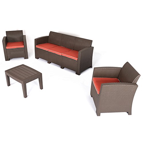 Cheap D+ Garden 3-Seater Brown Sectional Sofa and Loveseat Patio Conversation Set, All Weather 4-Piece Wicker Plastic Outdoor Furniture for Balcony Garden Backyard Pool, w/Red Cushions