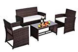 Do4U 4 PCs Patio Furniture Set Brown Wicker Conversation Set All-Weather Resistant Beige Cushions Tempered Glass Tabletop | Porch, Backyard, Pool Garden | Bistro Sets For Sale