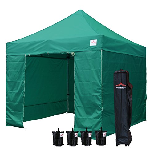 UNIQUECANOPY Enhanced 10×10 Ez Pop up Canopy Instant Tent Outdoor Party Portable Folded Commercial shelter, with 4 x Side Walls, Wheeled Carrying Bag and Bonus 4 x Sand Bags Dark Green Review