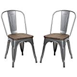 Metal Stackable Dining Chair with Wood Seat, Indoor/Outdoor Chair, Set of 2, Black