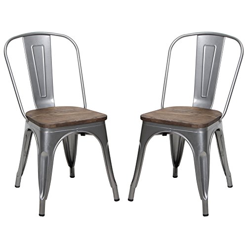 Metal Stackable Dining Chair with Wood Seat, Indoor/Outdoor Chair, Set of 2, Black