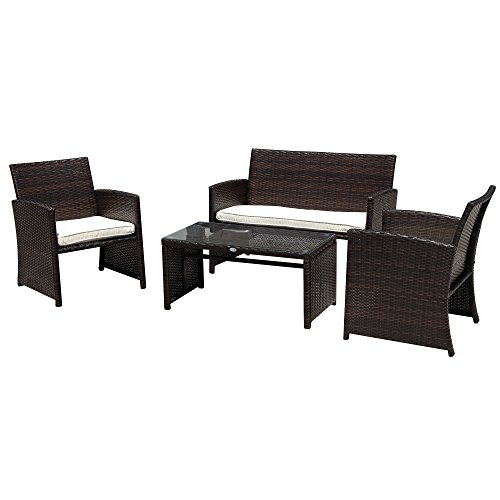 PATIOROMA 4 Piece Patio Set, Brown Wicker Patio Furniture with White Cushion,2 Single Chair,1 Loveseat PATIOROMA 4 Piece Patio Set, Brown Wicker Patio Furniture with White Cushion,2 Single Chair,1 Loveseat
