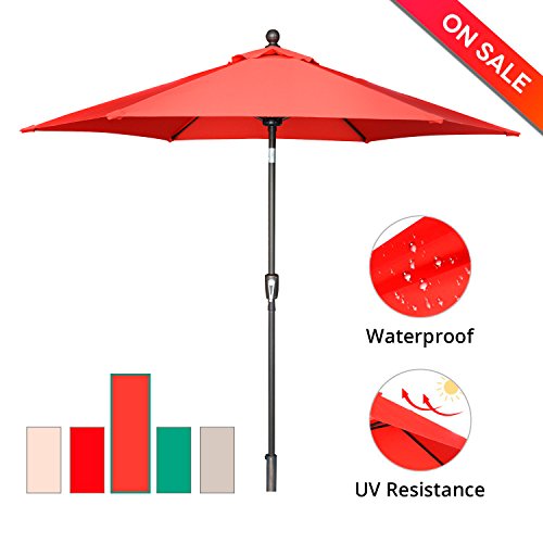 SUNLONO 9' Outdoor Patio Backyard Umbrella Garden with Sturdy Aluminum Ribs, Crank Winder, Push Button Tilt, Dark Red