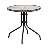 Flash Furniture 28” Round Tempered Glass Metal Table with Dark Brown Rattan Edging