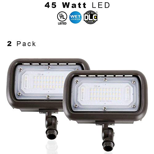LED Outdoor Security Flood Light, Waterproof, 45 Watt (400W Equivalent) 5400 Lumens, 5000K Daylight White, UL & DLC – Knuckle Mount – 5 Year Warranty – 2 Pack