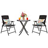 Iwicker Patio Rattan Steel Folding Bistro Set, All Weather Resistant Wicker, 3 PCS Set of Foldable Garden Table with Top Glass and Chairs with Arms For Sale