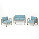 Crested Bay Outdoor 4 Piece Silver Aluminum Framed Chat Set with Light Teal and White Corded Water Resistant Cushions For Sale