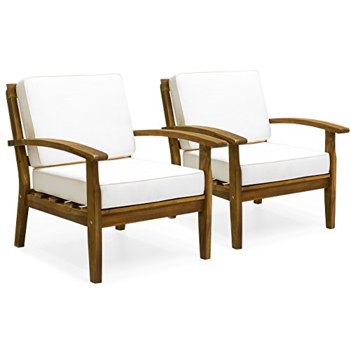 Best Choice Products Set of 2 Outdoor Acacia Wood Club Chairs w/Cushions (Cream) For Sale