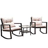 Hq Outdoor Rocking Rattan Bistro Set: 3-Piece Wicker Furniture - Two Chairs with Glass Coffee Table (Brown Cushion) Hq Outdoor Rocking Rattan Bistro Set: 3-Piece Wicker Furniture - Two Chairs with Glass Coffee Table (Brown Cushion)