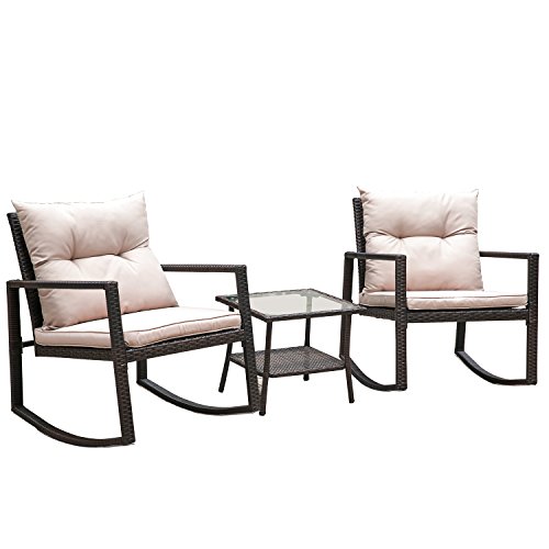 Hq Outdoor Rocking Rattan Bistro Set: 3-Piece Wicker Furniture - Two Chairs with Glass Coffee Table (Brown Cushion)