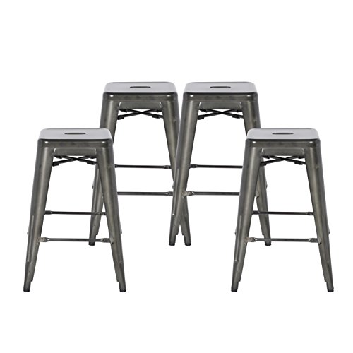 Buschman Set of Four Dark Gun Metal Dark Grey 24 Inches Counter Height Tolix-Style Metal Bar Stools, Indoor/Outdoor, Stackable Review