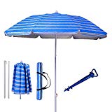 Cheap AMMSUN 2017 6ft Two Folded Patio Beach Umbrella for Sun and Outdoor with Sand Anchor,with Metal tilt Portable Cabana Silver Coating Inside with 99% UV Protection Stripe (Blue)