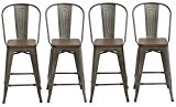 BTEXPERT 24″ Industrial Metal Antique Copper Bronze Rustic Bistro Cafe Counter Height Bar Stool Chair High Back Wood seat, Sturdy Rubber feet (Set of 4 Barstool) For Sale