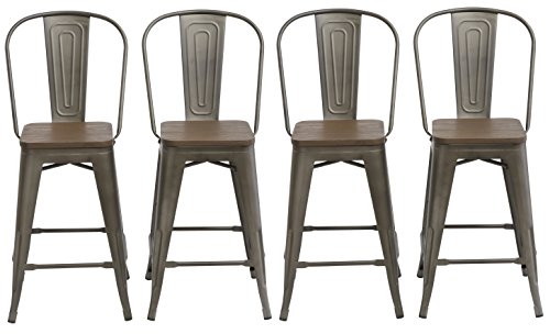 BTEXPERT 24″ Industrial Metal Antique Copper Bronze Rustic Bistro Cafe Counter Height Bar Stool Chair High Back Wood seat, Sturdy Rubber feet (Set of 4 Barstool) For Sale