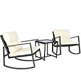 Kosycosy Outdoor 3 Pieces Patio Rocking Set Bistro Set Black Wicker Furniture – Two Rattan Rocker Chairs with Thick Cushions & Glass Top Table for Outdoor, Porch, Garden, Backyard, Pool