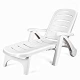 Giantex Folding Lounger Chaise Chair on Wheels Outdoor Patio Deck Chair Adjustable Rolling Lounger 5 Position Recliner w/Armrests, White