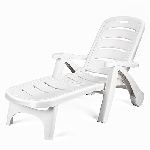 Giantex Folding Lounger Chaise Chair on Wheels Outdoor Patio Deck Chair Adjustable Rolling Lounger 5 Position Recliner w/Armrests, White