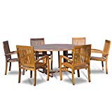 Cheap New 7Pc Grade-A Indonesian Teak Outdoor Dining Set-60″ Round Table & 6 Patara Teak Stacking Chairs with Cushions Pads