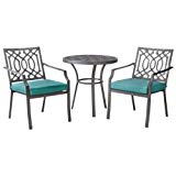 Patio Furniture Bistro Set – Threshold™ Harper 3-Piece Collection – Metal Chair Table Outdoor Entertaining Dining Setting – Garden Space Decor with cushions – Turquoise color – 1 Year Limited Warranty