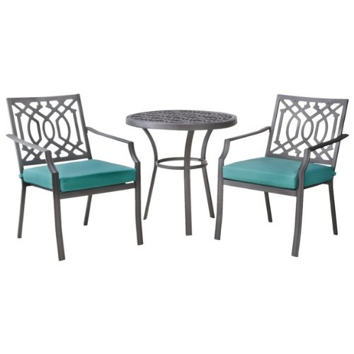 Patio Furniture Bistro Set – Threshold™ Harper 3-Piece Collection – Metal Chair Table Outdoor Entertaining Dining Setting – Garden Space Decor with cushions – Turquoise color – 1 Year Limited Warranty