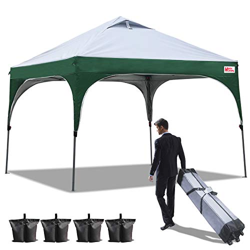 MASTERCANOPY Pop Up Canopy Easy to Set 10’x10′ Better Air Circulation Canopy with Wheeled Backpack Carry Bag+4 x Sandbags,Beach Canopy Tent 10×10(Grey with Green) Review