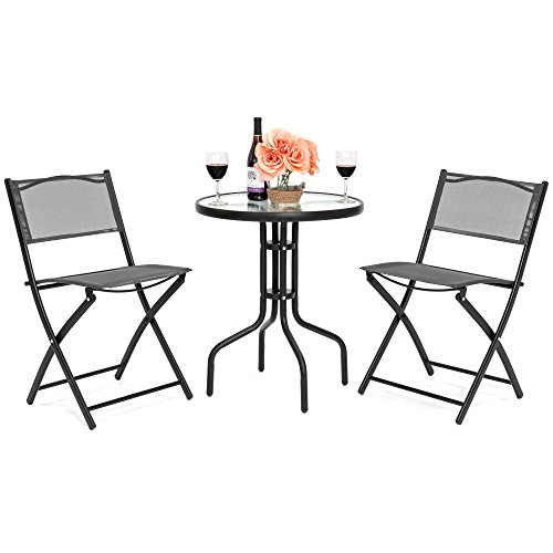 Cheap Best Choice Products 3-Piece Patio Bistro Dining Furniture Set w/Round Textured Glass Table Top, 2 Foldable Chairs- Gray