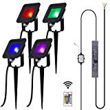 10W DC 12V RGB LED Flood Light Kit incl Colors Changing Remote Controller, Power Supply and Extension Cables for Outdoor Landscape Lighting (Pack of 4, Multiple RGB Colors) For Sale