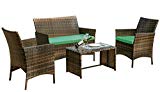 Leisure Zone 4 PC Rattan Patio Furniture Set Wicker Conversation Set Garden Lawn Outdoor Sofa Set Cushioned Seat Tempered Glass Table Top (Cushion Green) For Sale