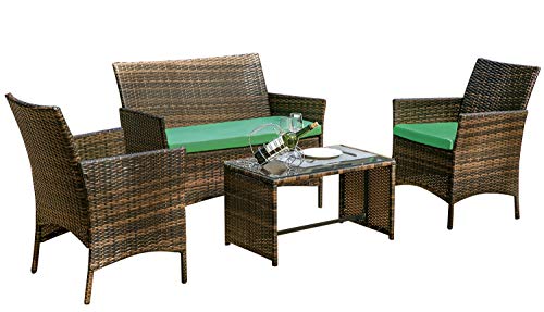 Leisure Zone 4 PC Rattan Patio Furniture Set Wicker Conversation Set Garden Lawn Outdoor Sofa Set Cushioned Seat Tempered Glass Table Top (Cushion Green) For Sale