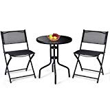 Cheap Giantex 3 Pcs Bistro Set Garden Backyard Round Table Folding Chairs, with Rust-Proof Steel Frames & Reinforced Glass Design Outdoor Patio Furniture, Black